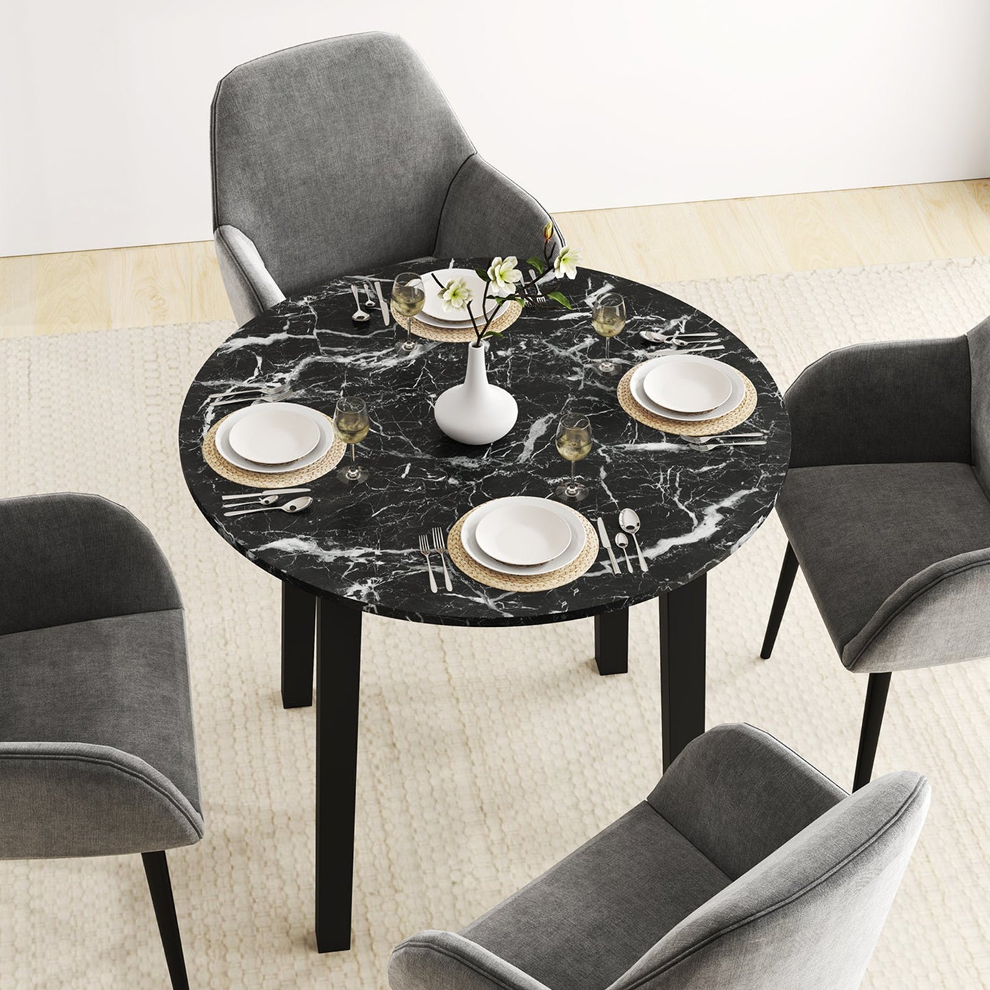 Round Dining Table with Rubber Wood Legs and Marble-textured Veneer Tabletop-Black