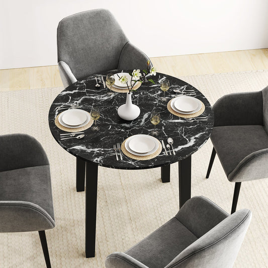 Round Dining Table with Rubber Wood Legs and Marble-textured Veneer Tabletop-Black