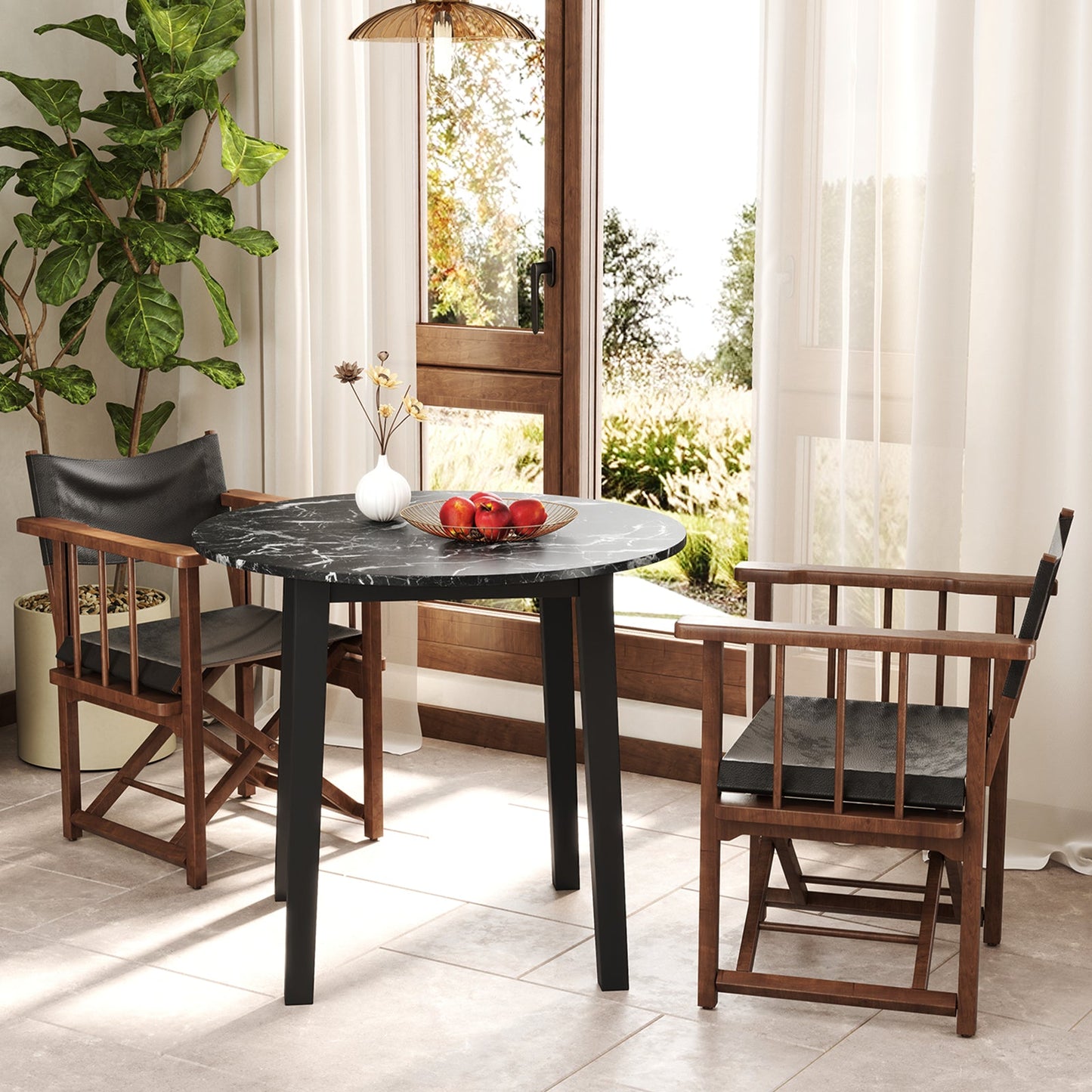 Round Dining Table with Rubber Wood Legs and Marble-textured Veneer Tabletop-Black