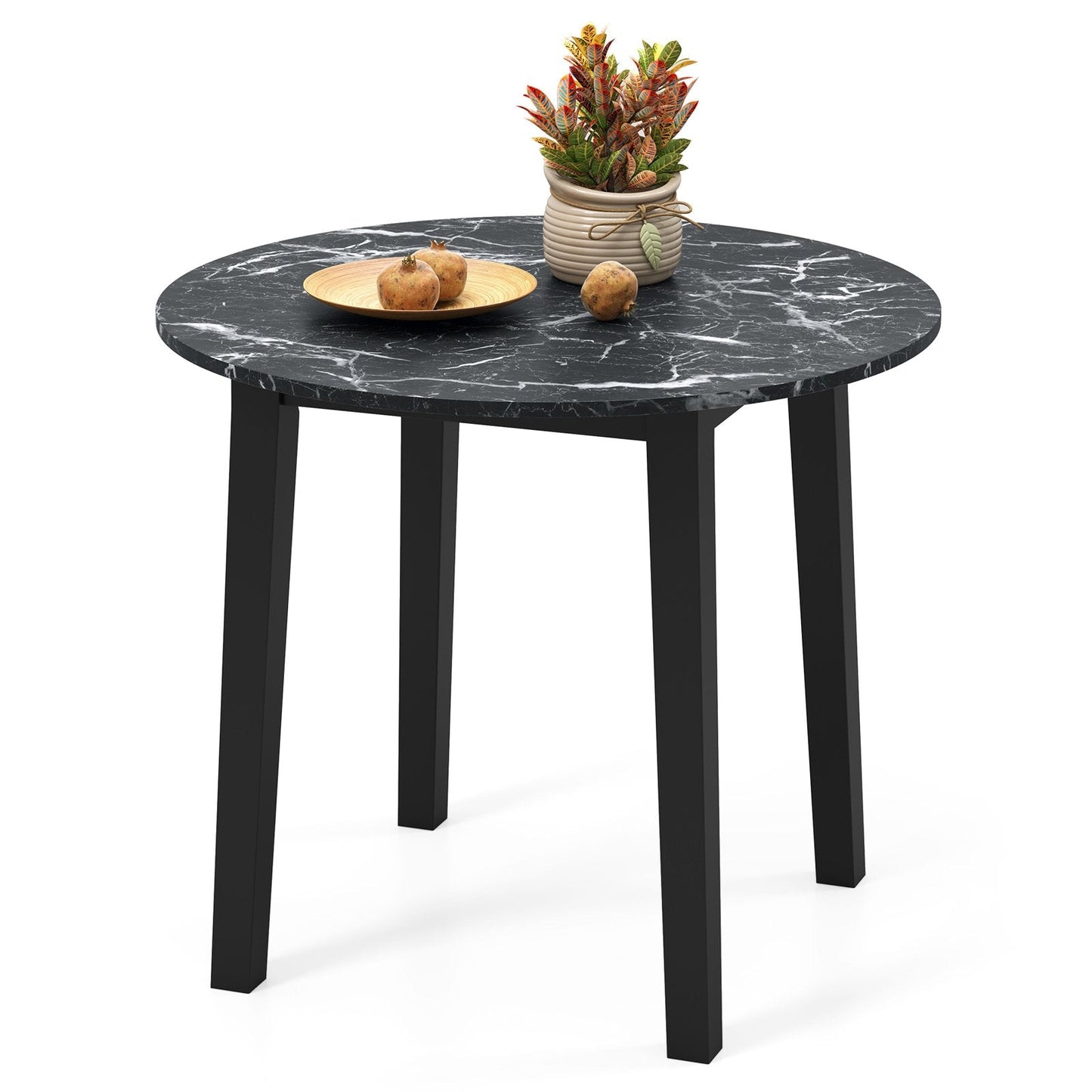 Round Dining Table with Rubber Wood Legs and Marble-textured Veneer Tabletop-Black