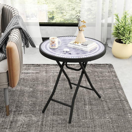 Round Folding Side Patio Coffee Table with Tempered Glass Tabletop-Grey