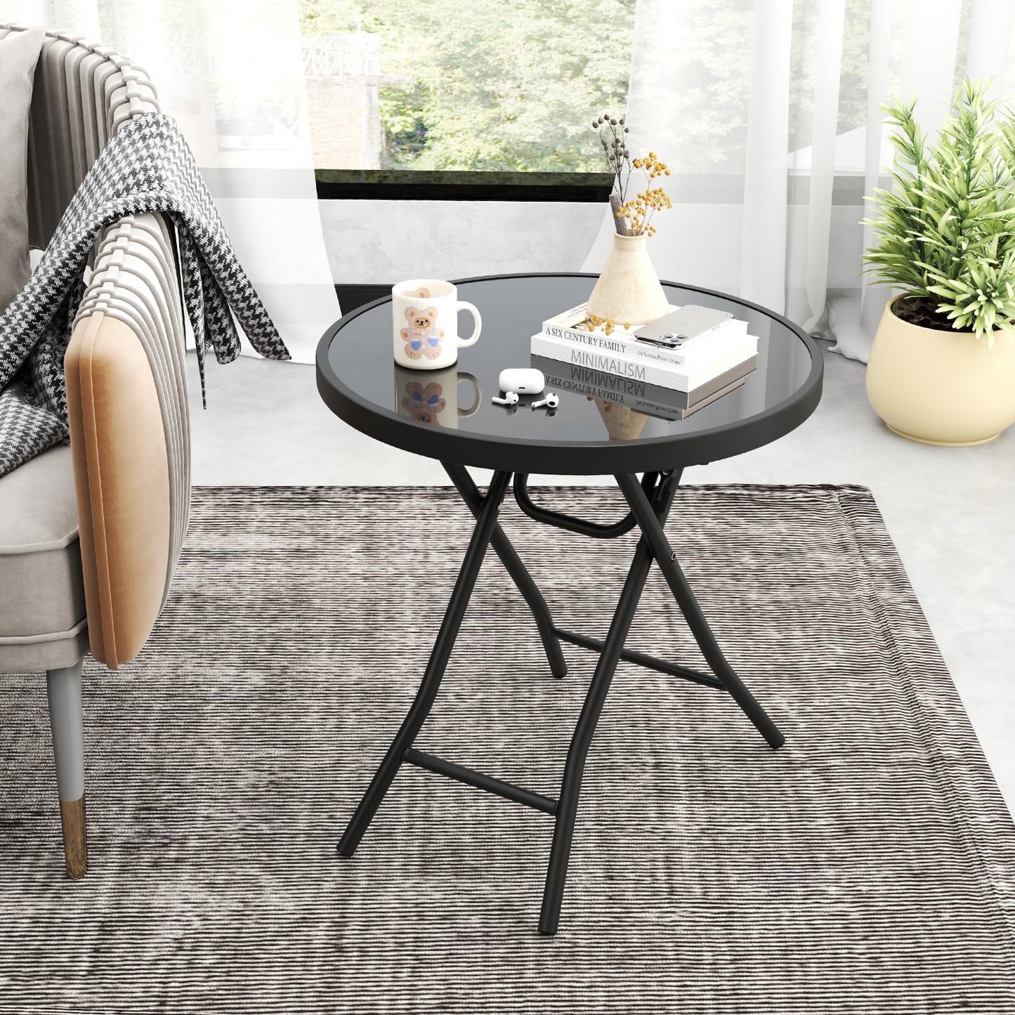 Round Folding Side Patio Coffee Table with Tempered Glass Tabletop-Black