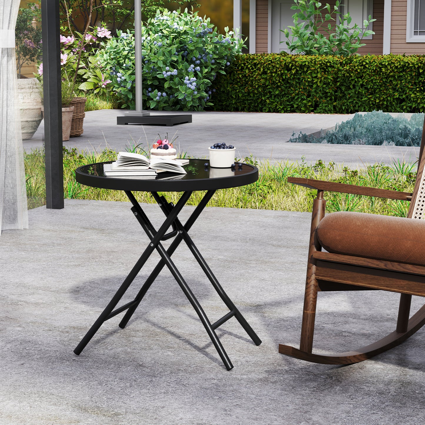 Round Folding Side Patio Coffee Table with Tempered Glass Tabletop-Black
