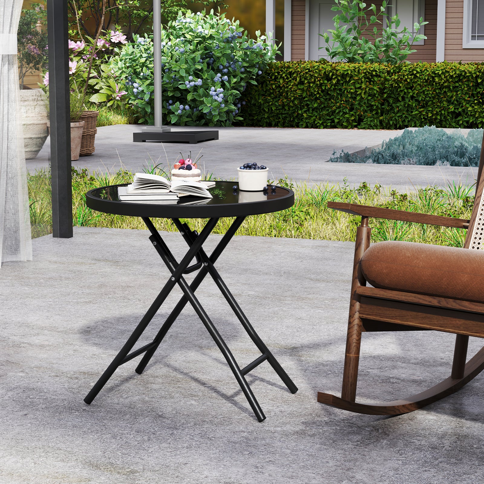 Round Folding Side Patio Coffee Table with Tempered Glass Tabletop-Black