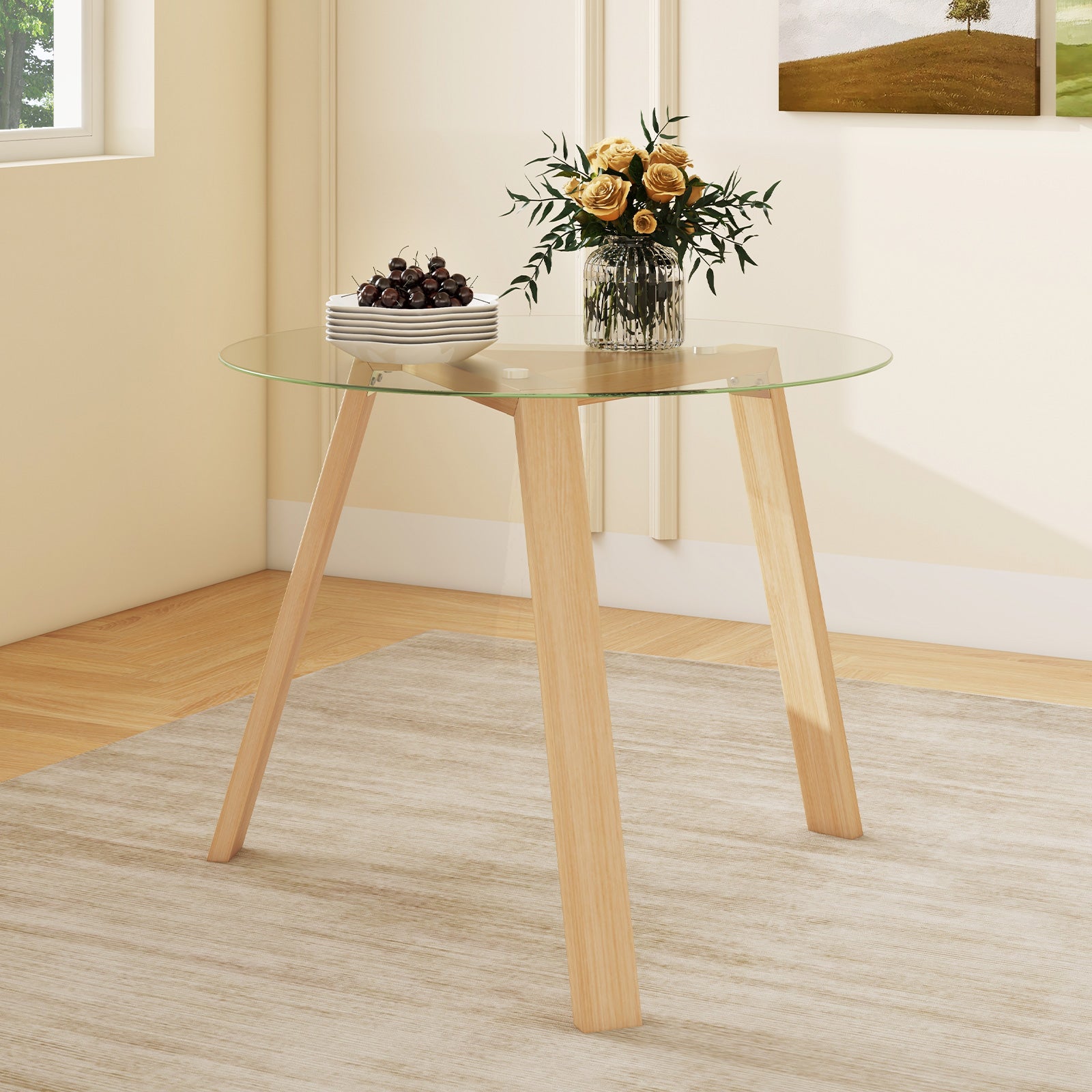 Round Glass Dining Table with Tempered Glass Tabletop for 4 People-Natural