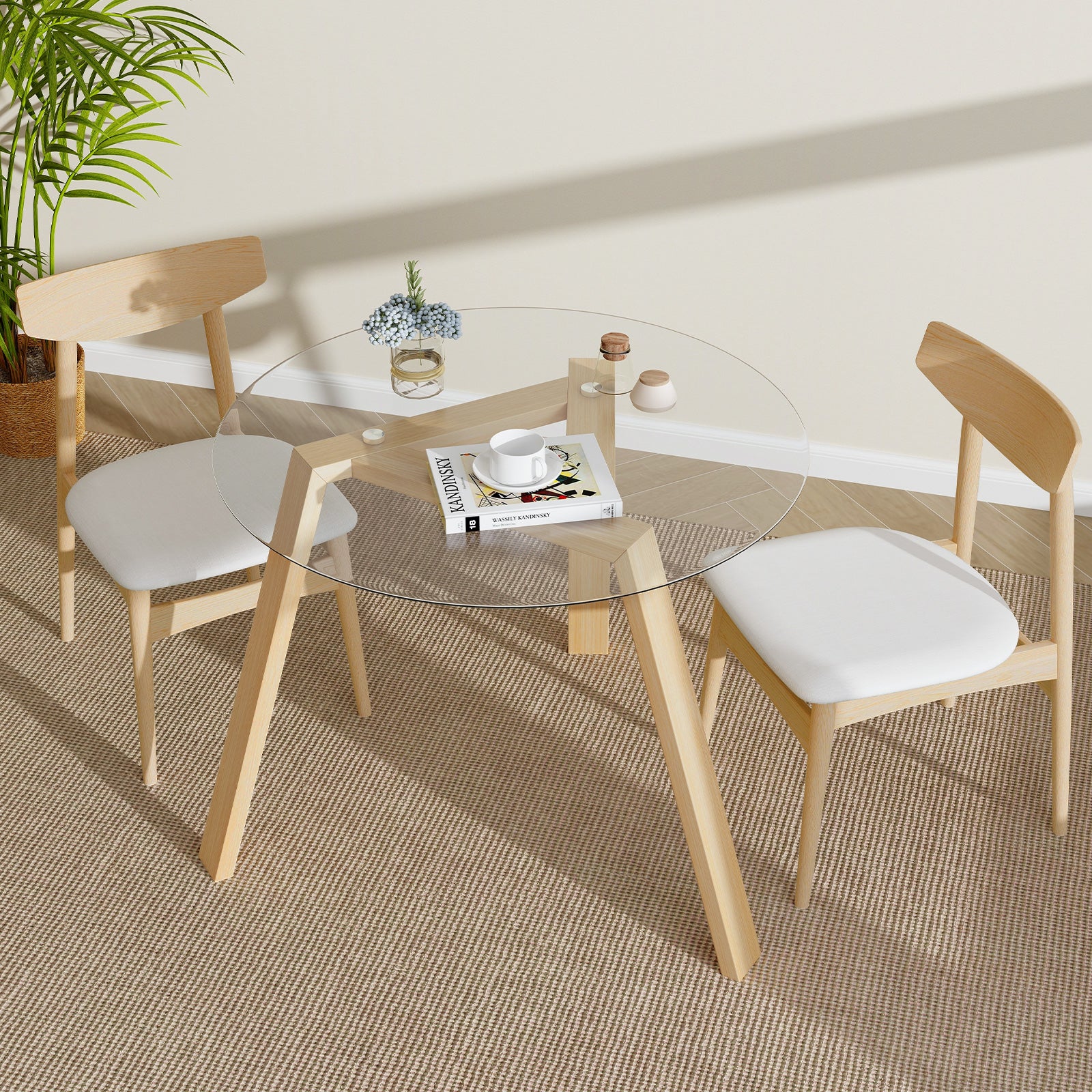 Round Glass Dining Table with Tempered Glass Tabletop for 4 People-Natural