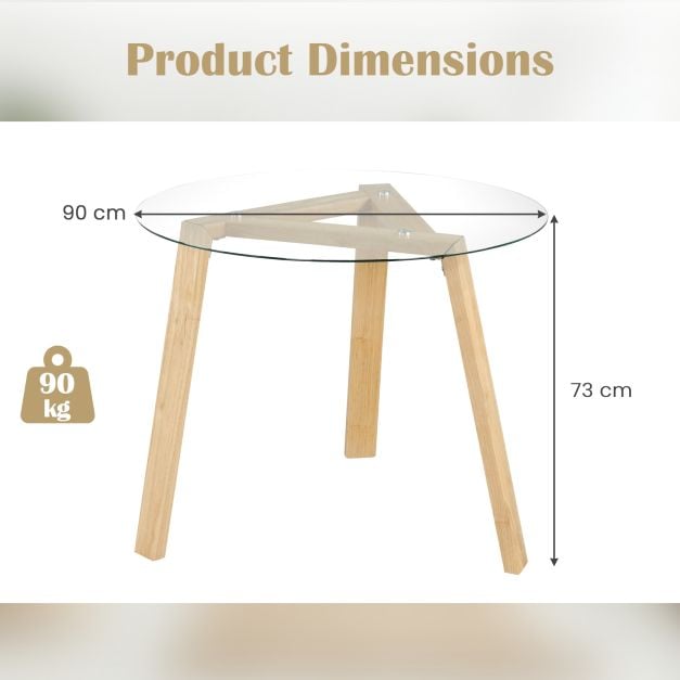 36 Inches Round Glass Dining Table for 4 with Rubber Wood Frame-Natural