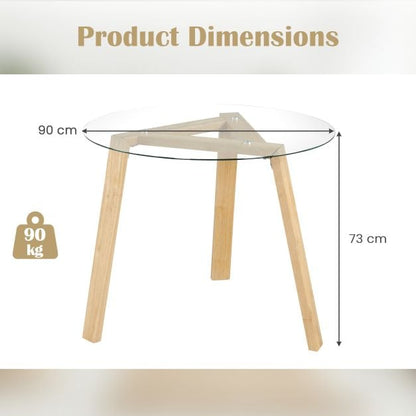 36 Inches Round Glass Dining Table for 4 with Rubber Wood Frame-Natural