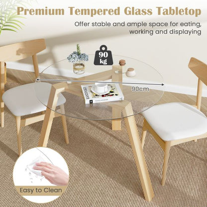 36 Inches Round Glass Dining Table for 4 with Rubber Wood Frame-Natural