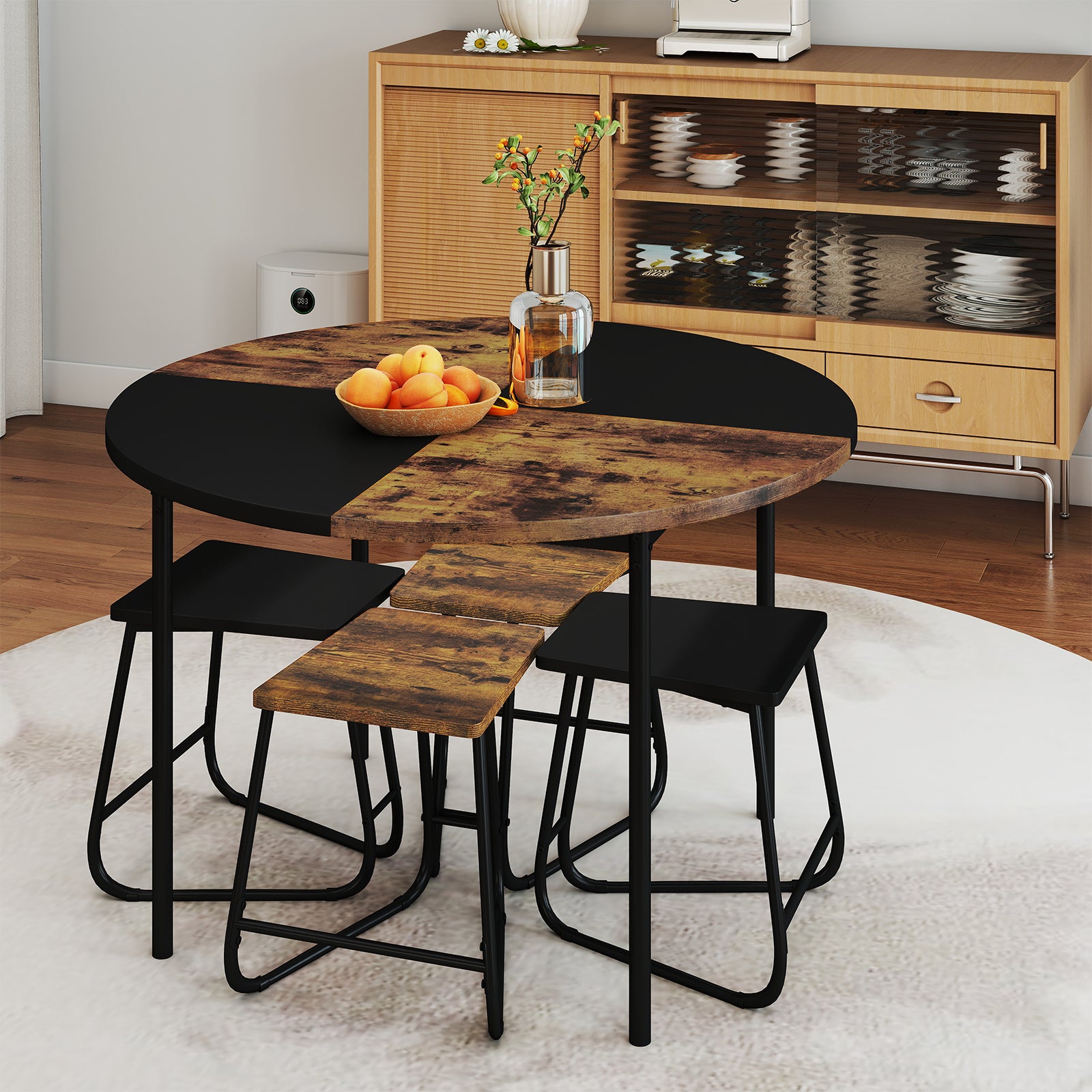 118cm Round Kitchen Table and 4 Stools with Wooden Tabletop-Rustic Brown