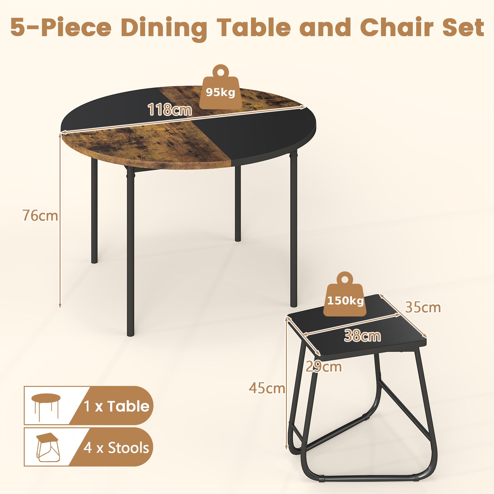 118cm Round Kitchen Table and 4 Stools with Wooden Tabletop-Rustic Brown
