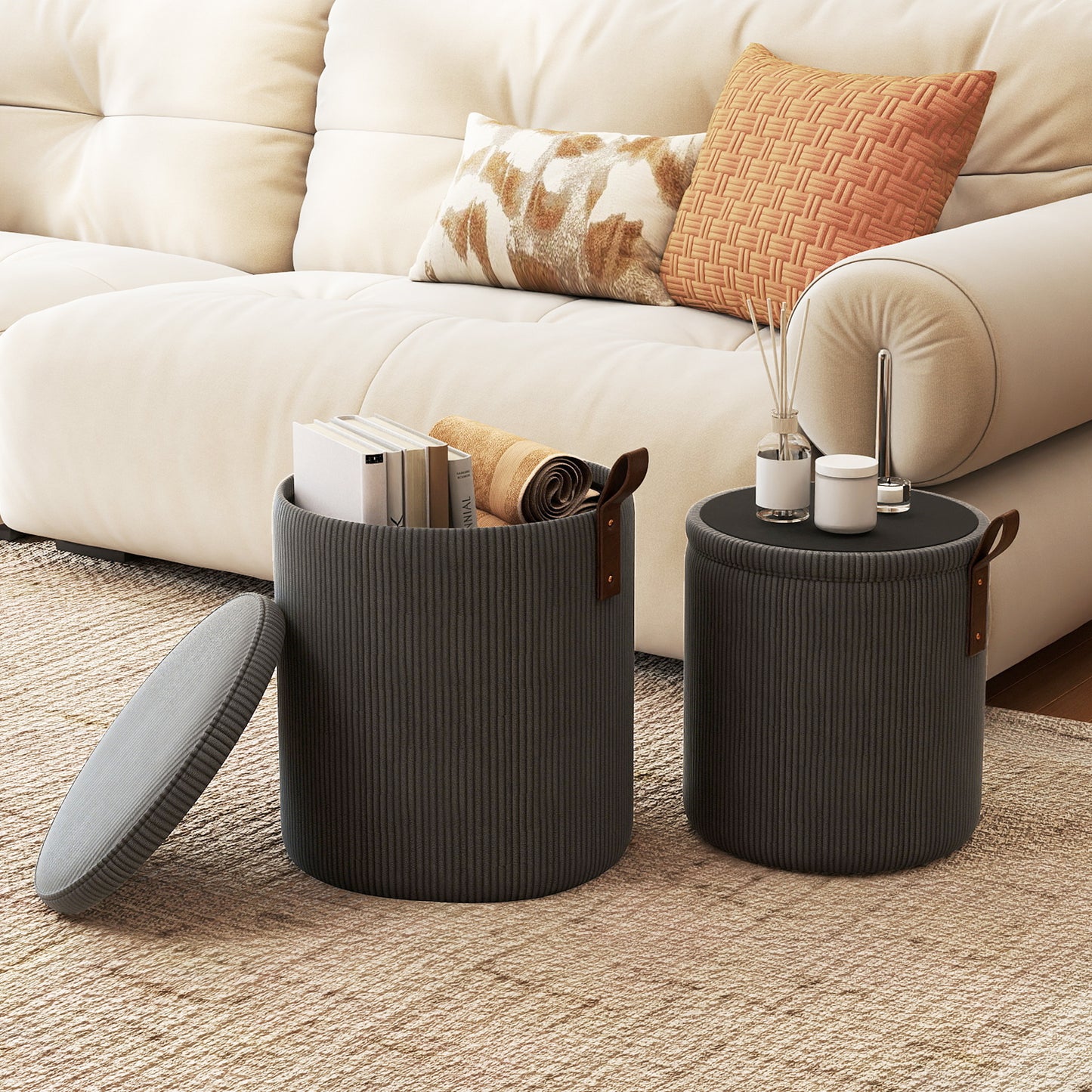Round Ottoman with Storage Set of 2 with Removable Lids and Padded Seats-Grey