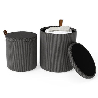 Round Ottoman with Storage Set of 2 with Removable Lids and Padded Seats-Grey