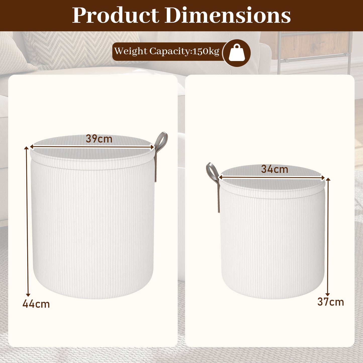 Round Ottoman with Storage Set of 2 with Removable Lids and Padded Seats-Beige