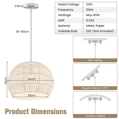 Round Paper Pendant Ceiling Light with Adjustable Hanging Rope-Beige