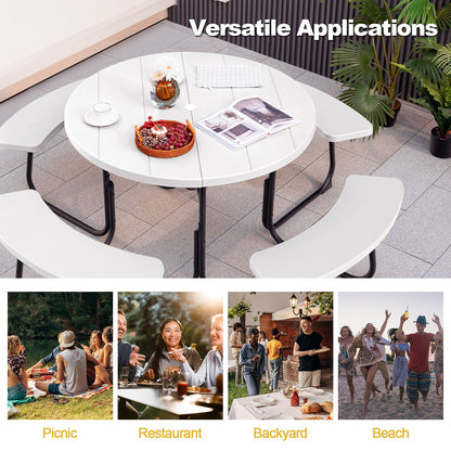 8-person Round Picnic Table Bench Set with 4 Benches and Umbrella Hole-White