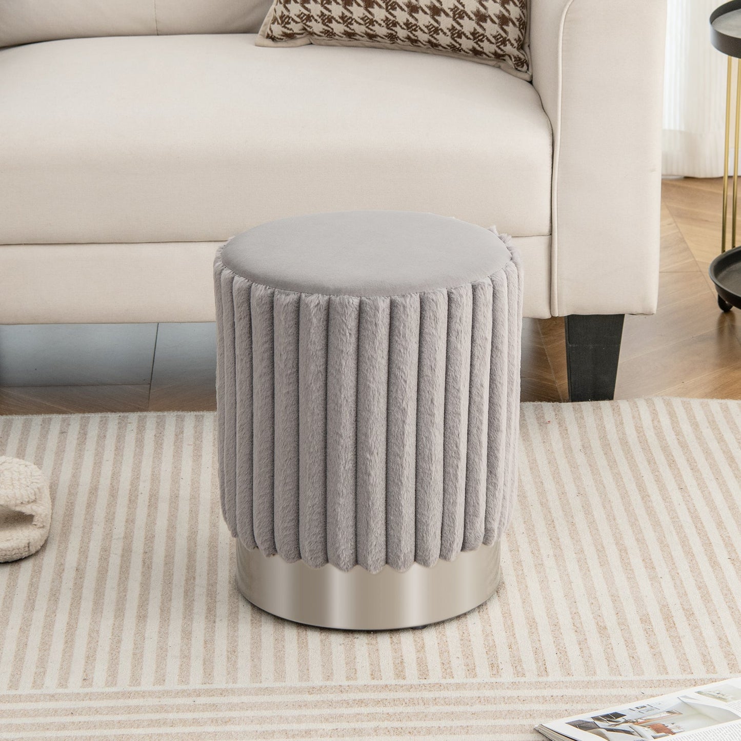 Upholstered Footrest Stool with Decorative Vertical Tufting and Heavy-duty Metal Base-Grey