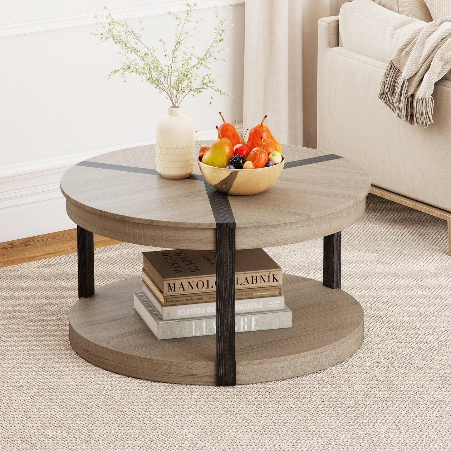 2-Tier Round Coffee Table with Storage Shelf-Oak