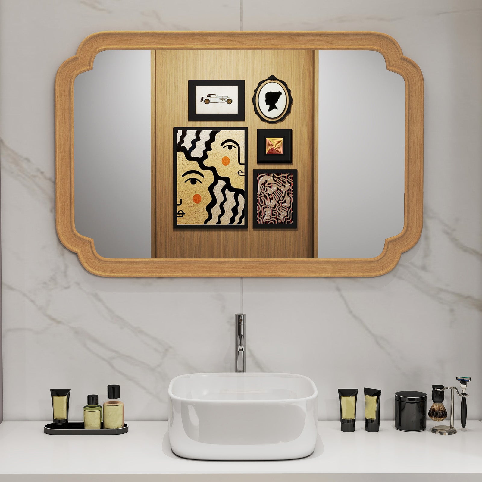 Rounded Corner Arch Wall Mirror for Bathroom Living Room-Natural