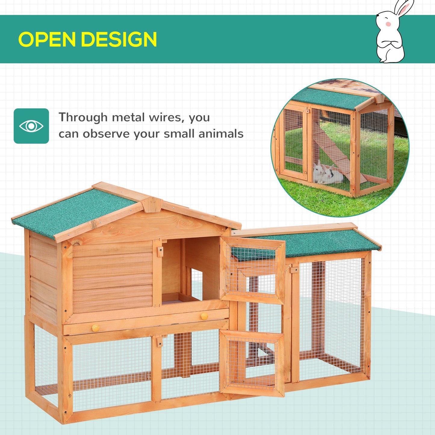 PawHut Rabbit 2 Tier Fir Wood Small Animal Hutch Guinea Pigs Hutches w/ Ramp Brown