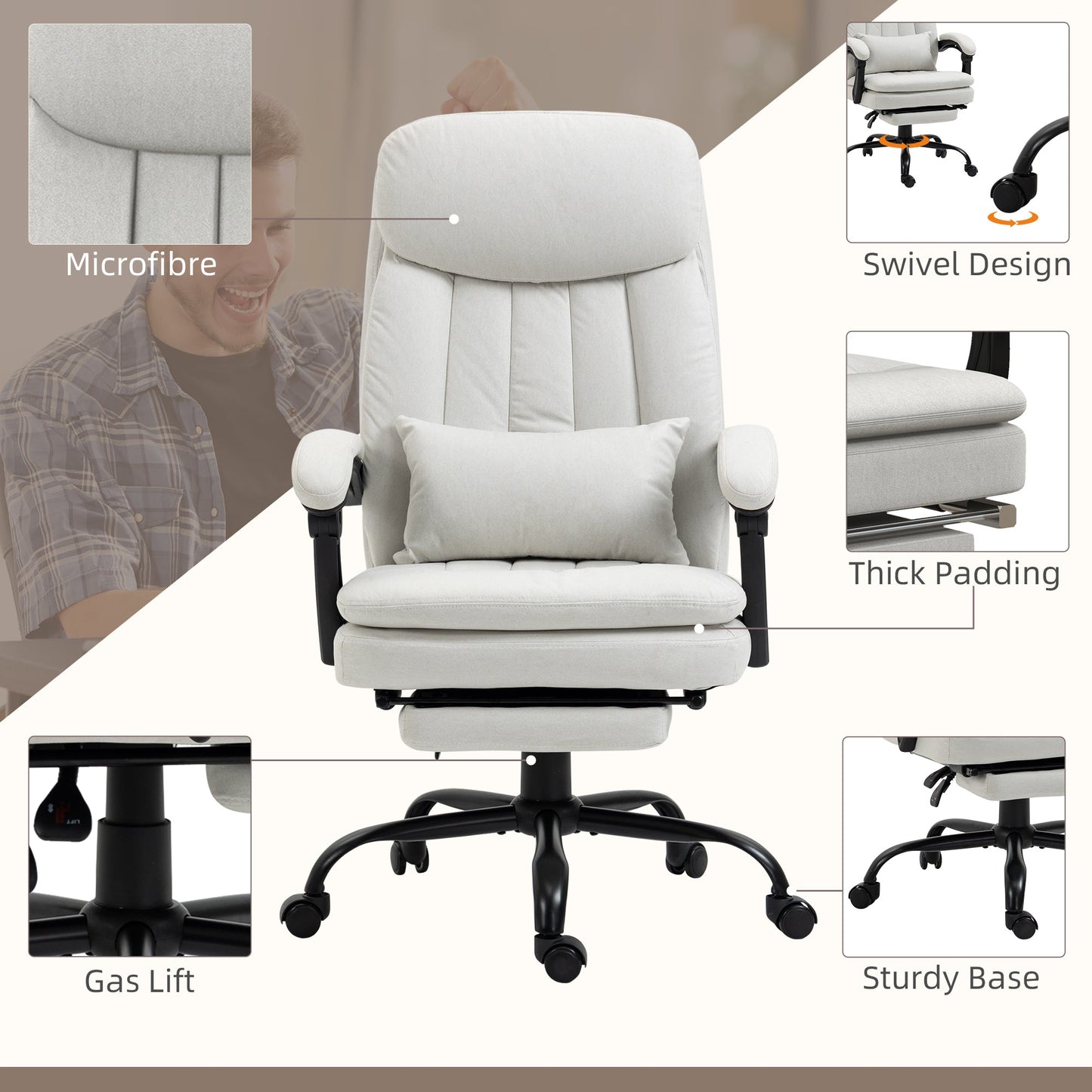 Vinsetto Vibration Massage Office Chair w/ Heat, Microfibre Computer Chair w/ Footrest, Lumbar Support Pillow, Armrest, Reclining Back, Cream White