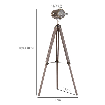 HOMCOM Industrialna lampa podłogowa na trójnogu, marynistyczny reflektor z regulowaną wysokością, drewniane nogi, podstawa lampy E14 do salonu, sypialni, szara i brązowa