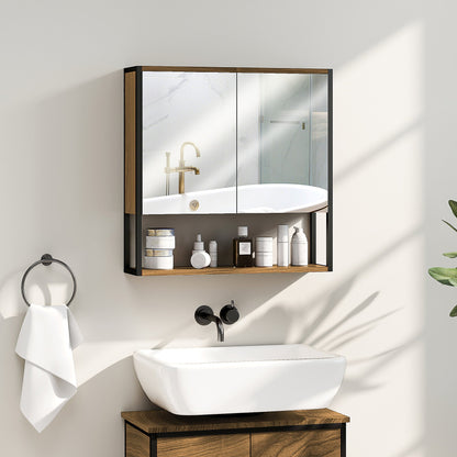HOMCOM Bathroom Mirror Cabinet with Soft-Close Doors and Adjustable Shelf - Natural Wood Finish