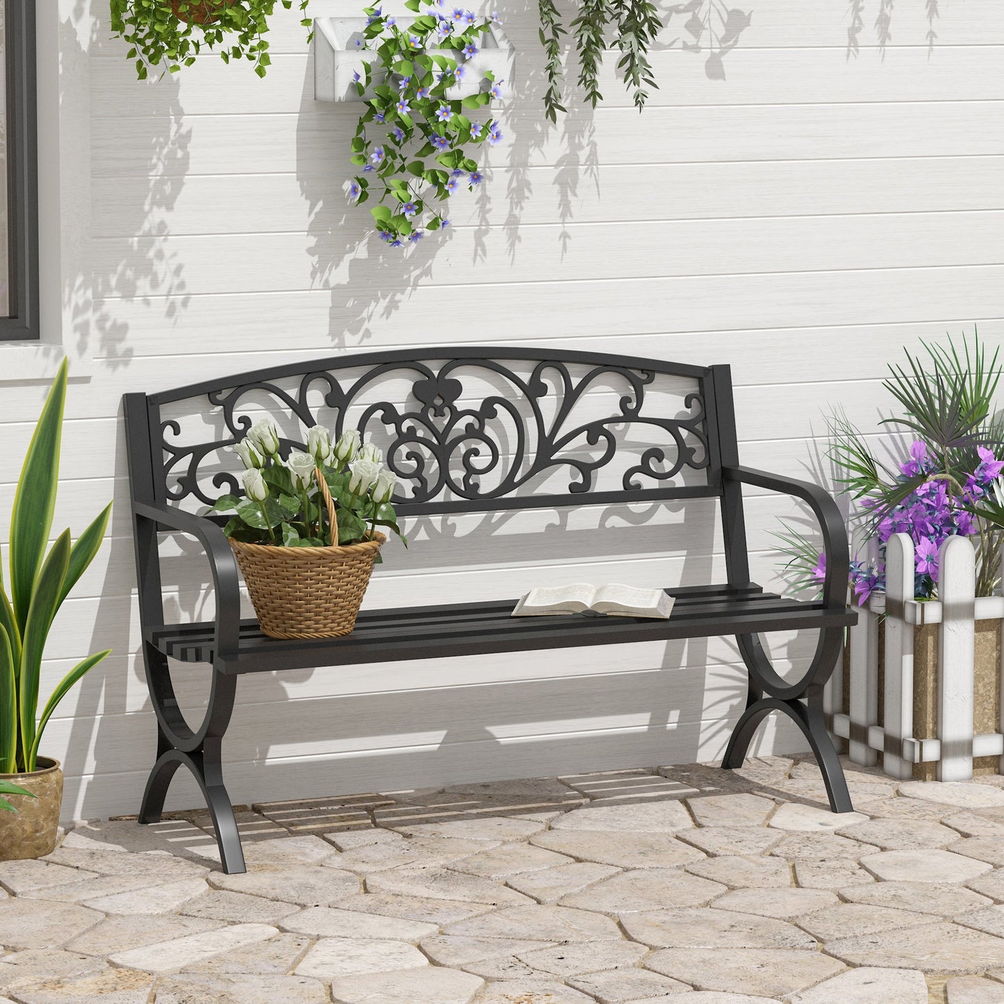 Outsunny 127L x 60W x 85H cm Powder Coated Garden Bench for Patio Backyard, Steel-Black