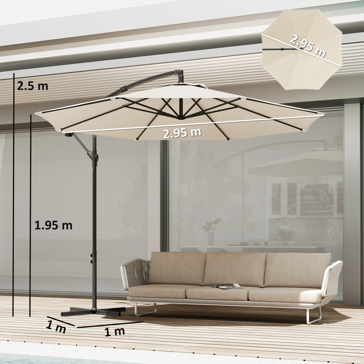 Outsunny 3 m Overhanging Cantilever Parasol, with Cross Base - Cream White