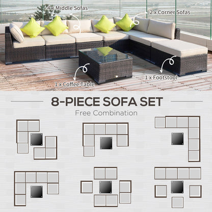 Outsunny 8 Pieces PE Rattan Corner Sofa Set with Thick Cushions, Aluminium Outdoor Rattan Garden Furniture Set with Glass Top Table, No Assembly Required, Mixed Brown