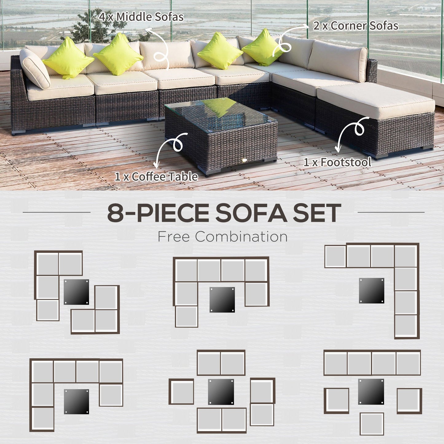 Outsunny 8 Piece Rattan Sofa Garden Furniture Aluminium Outdoor Patio Set Wicker Seater Table - Mixed Brown