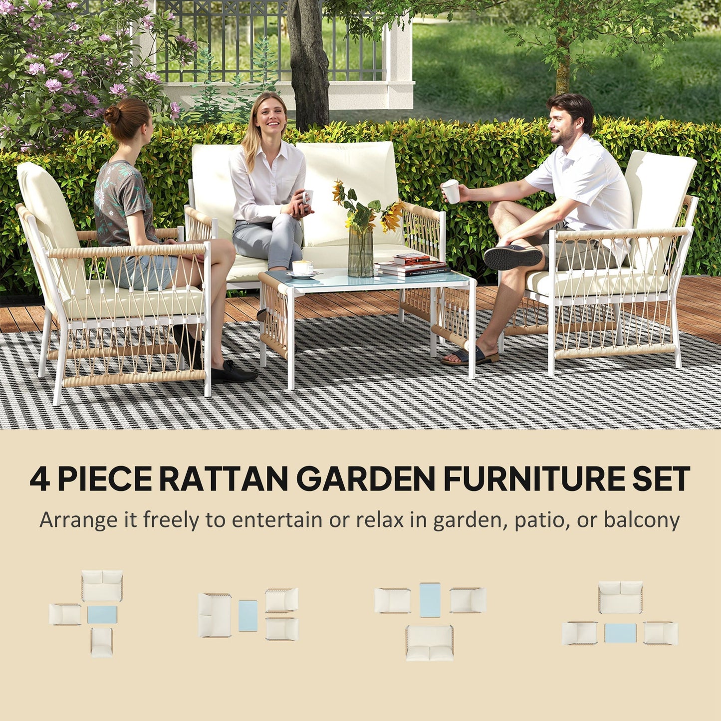 Outsunny 4 Piece Rattan Garden Furniture Set, 4 Seater Wicker Patio Conversation Set with 2 Armchairs, Loveseat, Glass Top Coffee Table and Cushions for Outdoor, Balcony, Khaki