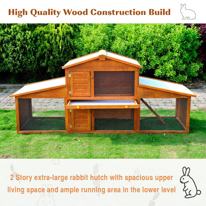 PawHut Small Animal Deluxe XXL Fir Wood 2-Tier Guinea Pigs Hutches Natural Wood Tone