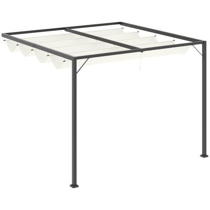 Outsunny 3 x 3(m) Pergola zewnętrzna z rozkładanym baldachimem, altana ścienna, zadaszenie tarasu, osłona przeciwsłoneczna, kremowo-biała