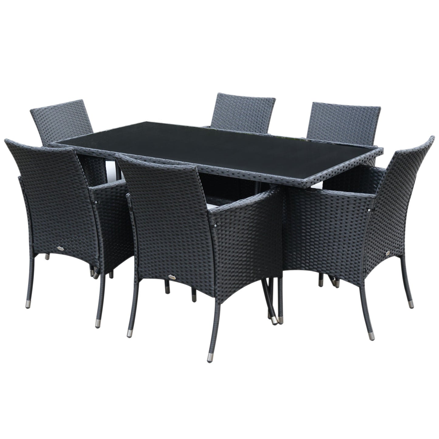 Outsunny 6 Seater Rattan Dining Set with Cushions, Rattan Garden Furniture Set with 6 Armchairs, Rectangular Glass Top Table, Outdoor Dining Table and Chairs, Black