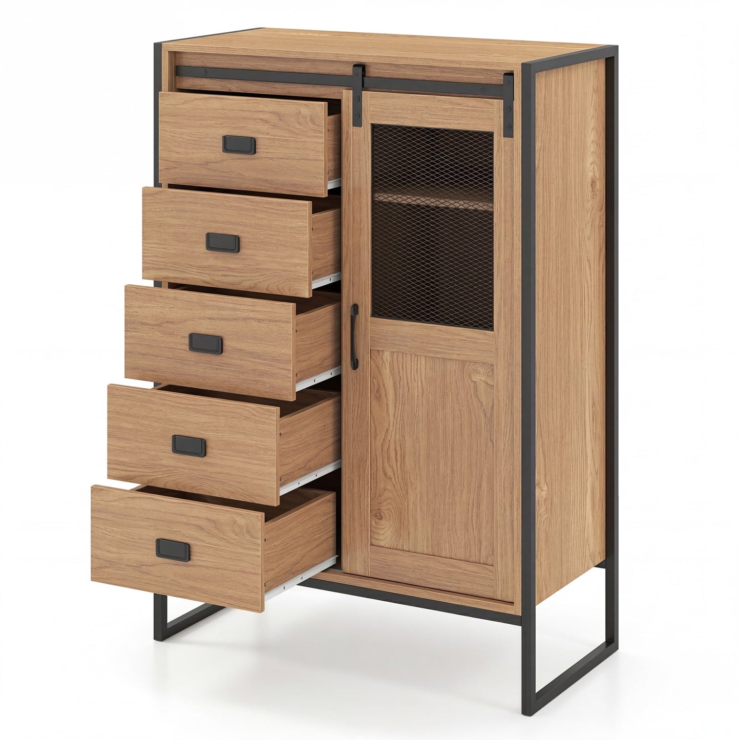 Rustic Storage Organizer with Sliding Door 5 Drawers and Adjustable Shelves for Bathroom-Natrual
