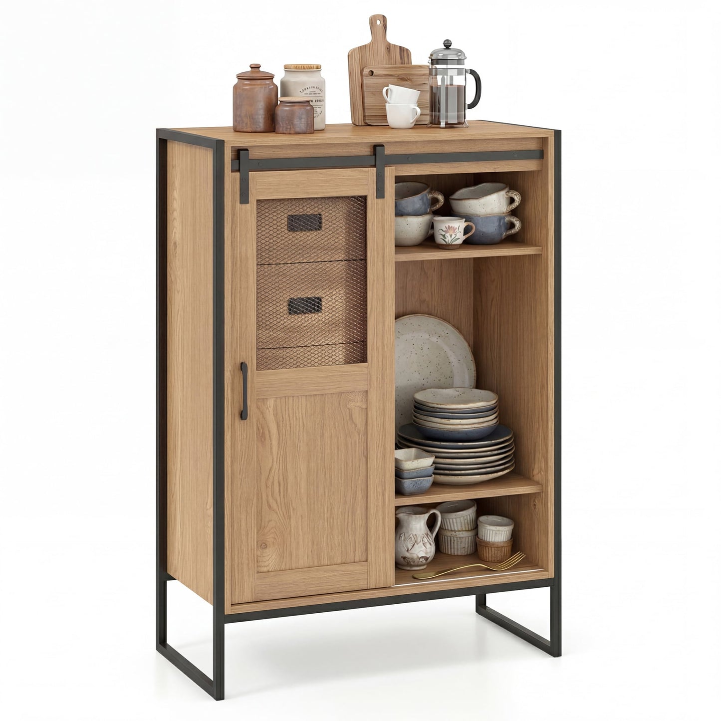 Rustic Storage Organizer with Sliding Door 5 Drawers and Adjustable Shelves for Bathroom-Natrual
