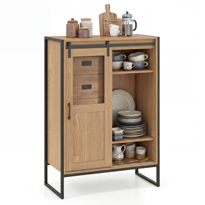 Rustic Storage Organizer with Sliding Door 5 Drawers and Adjustable Shelves for Bathroom-Natrual