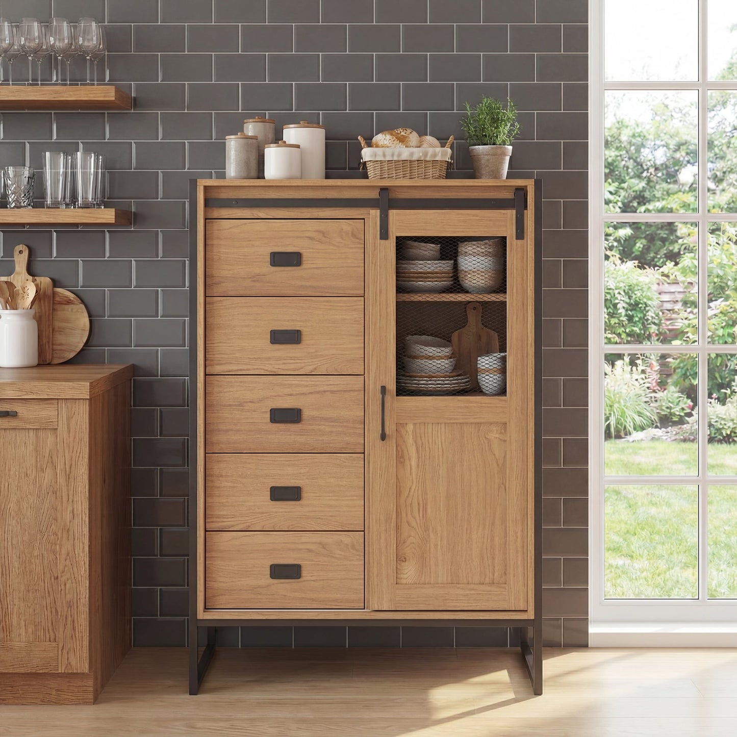 Rustic Storage Organizer with Sliding Door 5 Drawers and Adjustable Shelves for Bathroom-Natrual