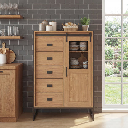 Rustic Storage Organizer with Sliding Door 5 Drawers and Adjustable Shelves for Bathroom-Natrual