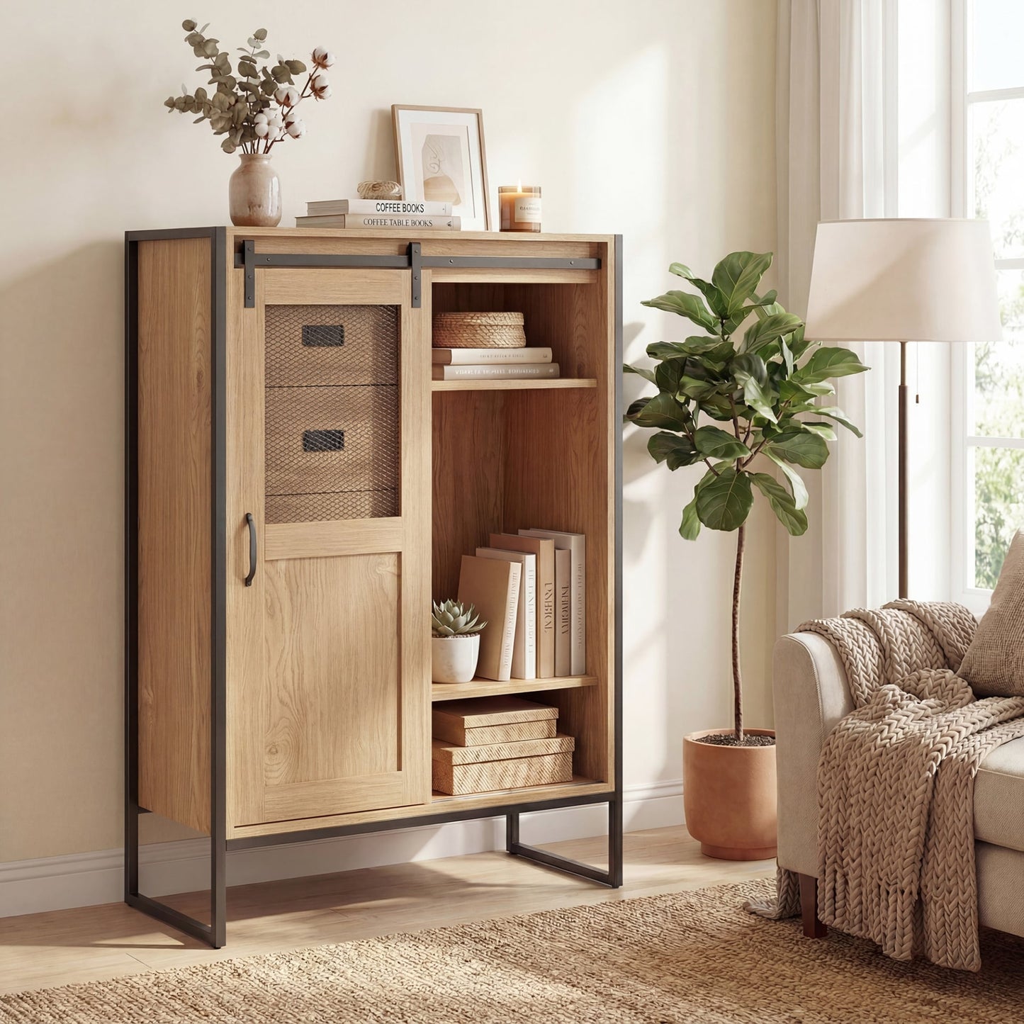 Rustic Storage Organizer with Sliding Door 5 Drawers and Adjustable Shelves for Bathroom-Natrual