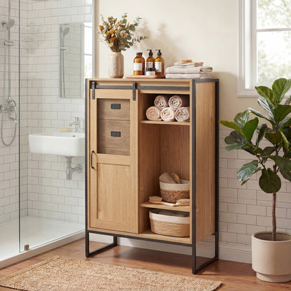 Rustic Storage Organizer with Sliding Door 5 Drawers and Adjustable Shelves for Bathroom-Natrual
