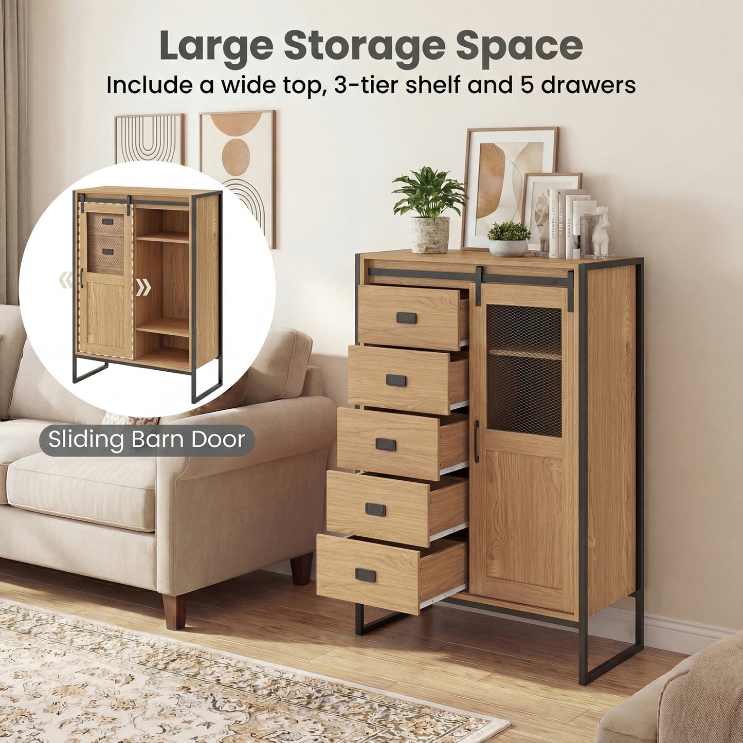 Rustic Storage Organizer with Sliding Door 5 Drawers and Adjustable Shelves for Bathroom-Natrual