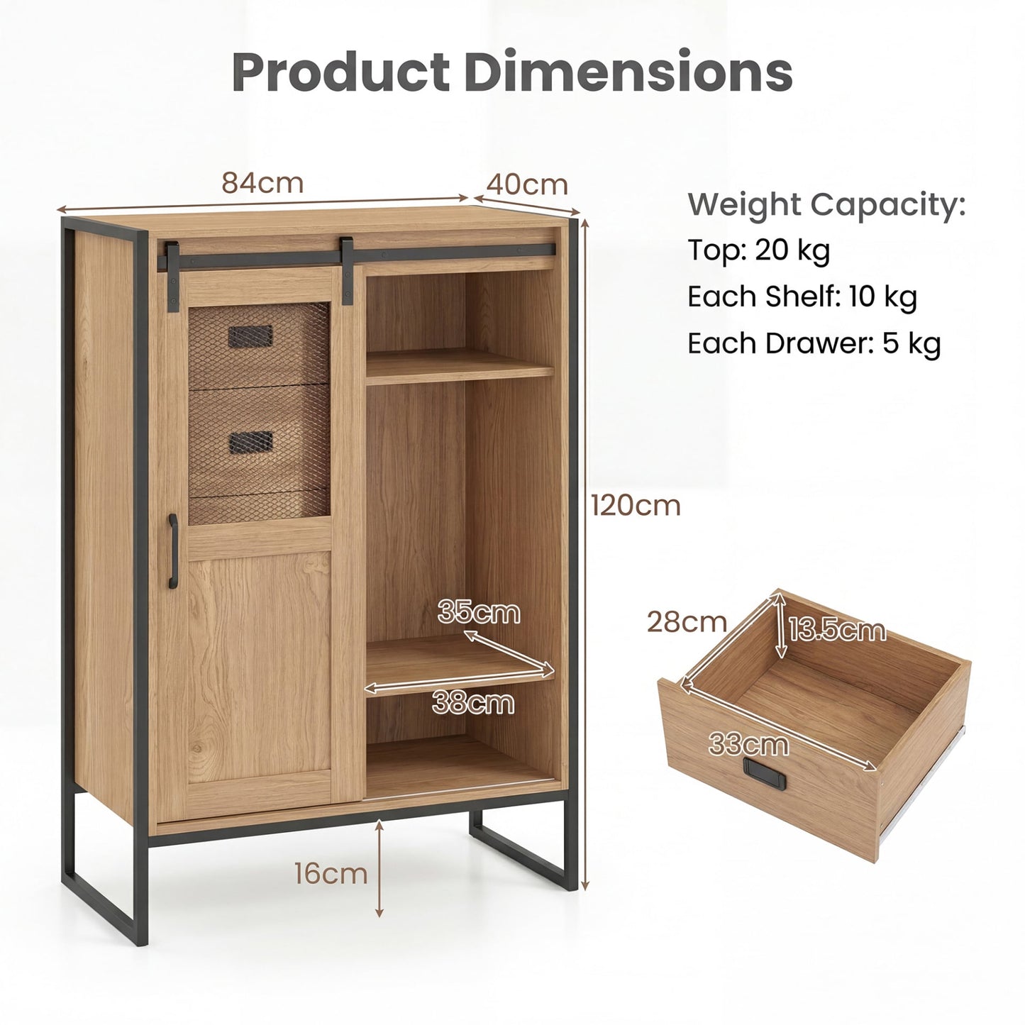 Rustic Storage Organizer with Sliding Door 5 Drawers and Adjustable Shelves for Bathroom-Natrual