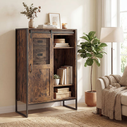 Rustic Storage Organizer with Sliding Door 5 Drawers and Adjustable Shelves for Bathroom-Rustic Brown