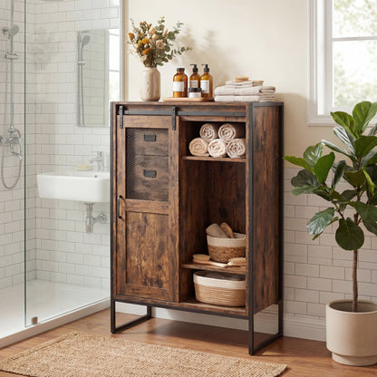 Rustic Storage Organizer with Sliding Door 5 Drawers and Adjustable Shelves for Bathroom-Rustic Brown