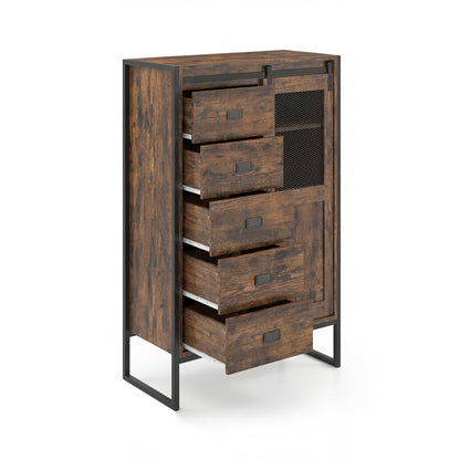 Rustic Storage Organizer with Sliding Door 5 Drawers and Adjustable Shelves for Bathroom-Rustic Brown