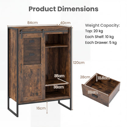 Rustic Storage Organizer with Sliding Door 5 Drawers and Adjustable Shelves for Bathroom-Rustic Brown
