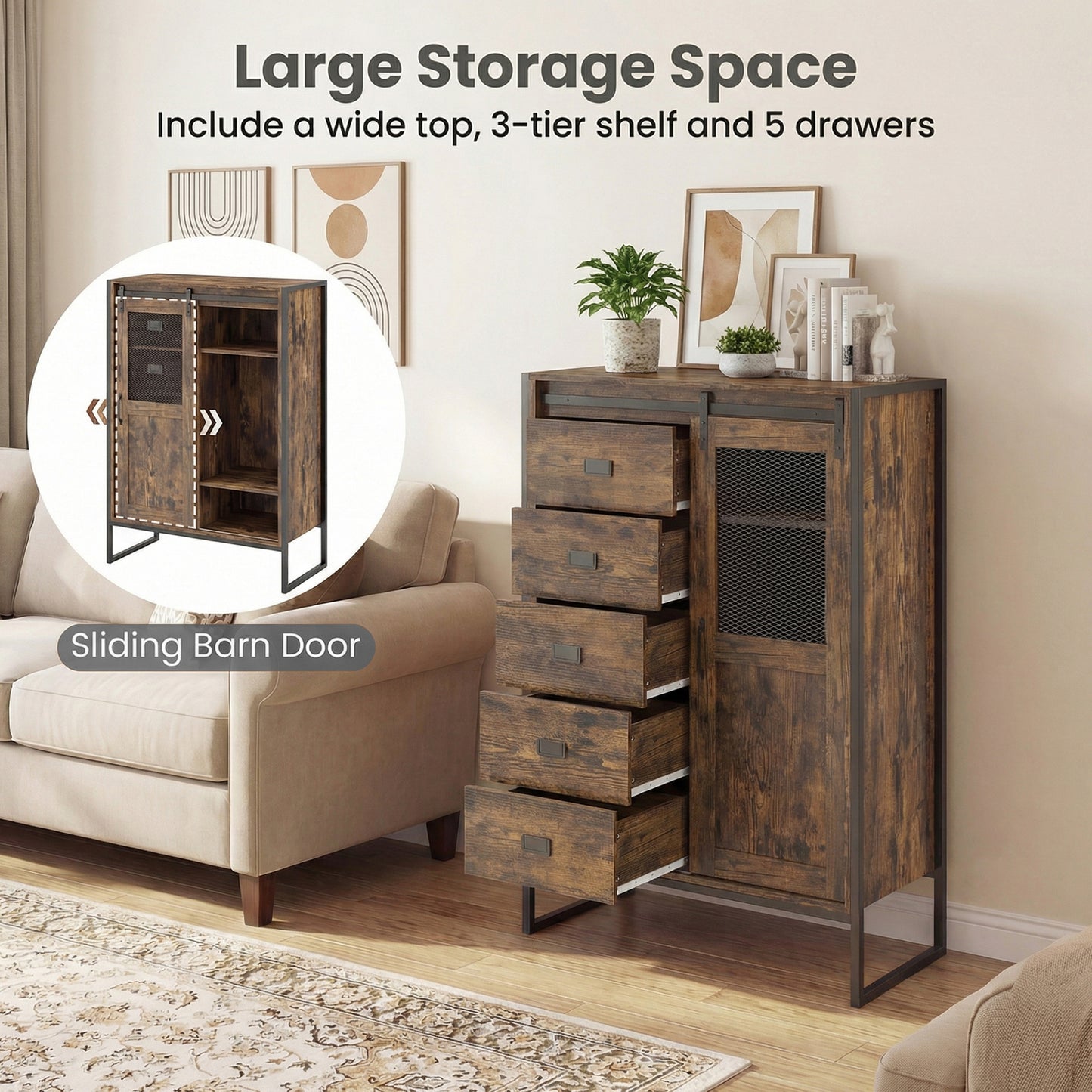 Rustic Storage Organizer with Sliding Door 5 Drawers and Adjustable Shelves for Bathroom-Rustic Brown