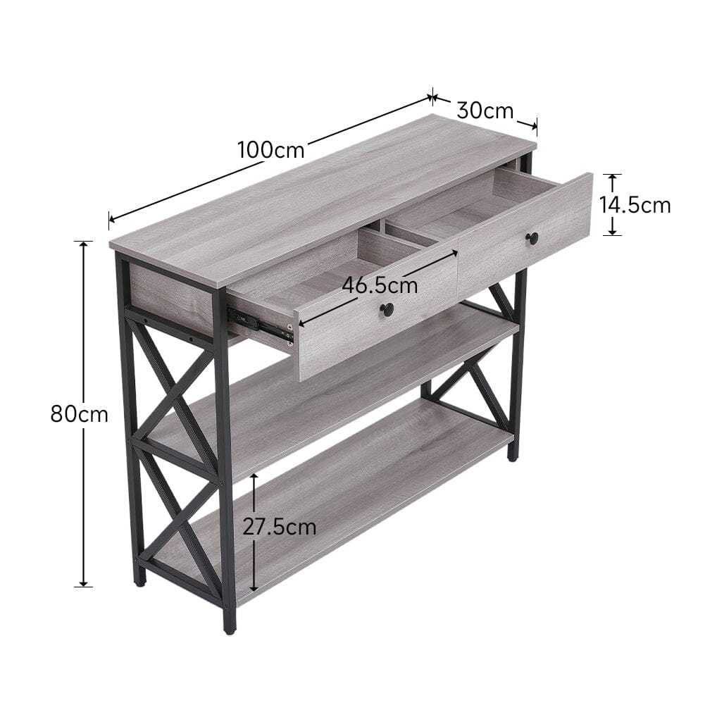 100 cm W Rustic Grey Narrow Wooden Console Table with Drawers